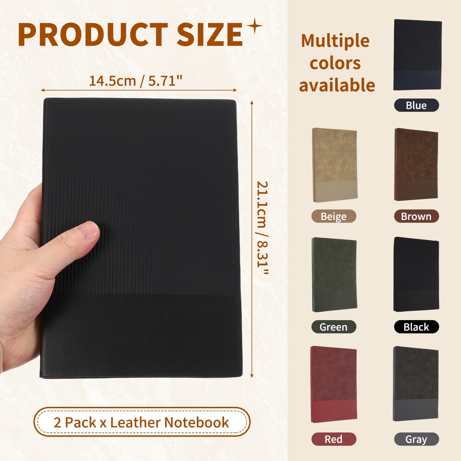 2Pack Hardcover Leather Lined Note Book, 100 Pages 8.3×5.7″ A5, Black