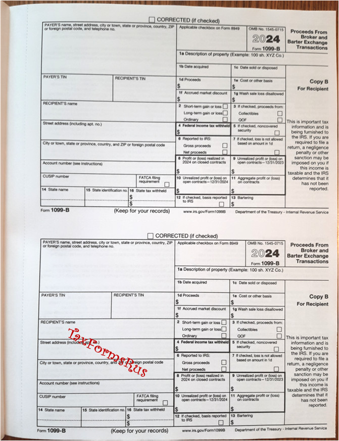 2024 IRS Tax Form 1099-B single sheet set for 2 recipients NONcarbonless 4pt 2up