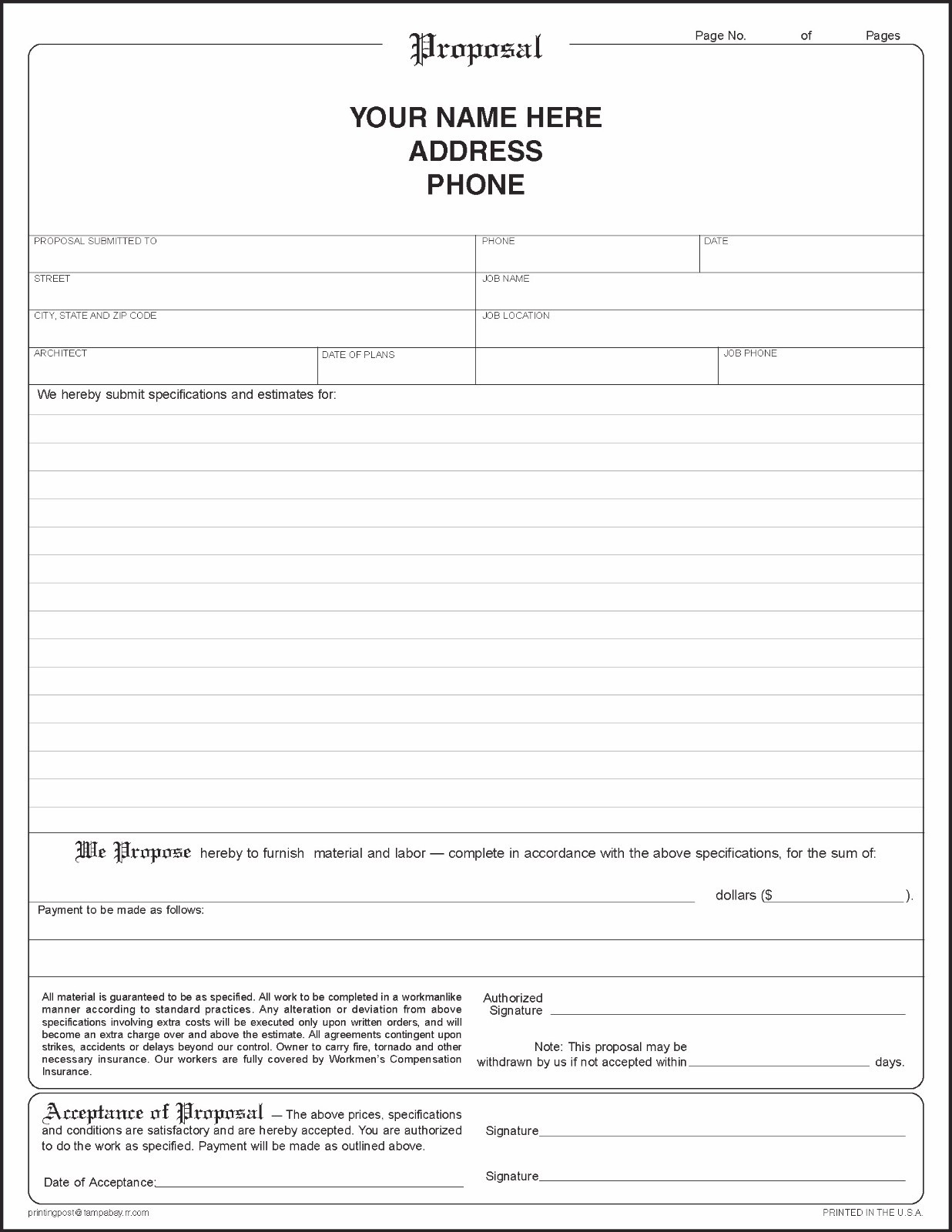 500 2-part carbonless Construction Proposal Forms – Contractor Agreement