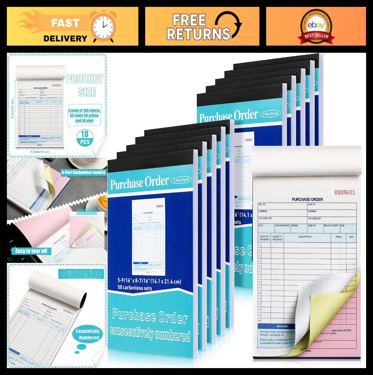 10 Pack Carbonless Purchase Order Forms – 3 Part Books for Small Business, 50 Se