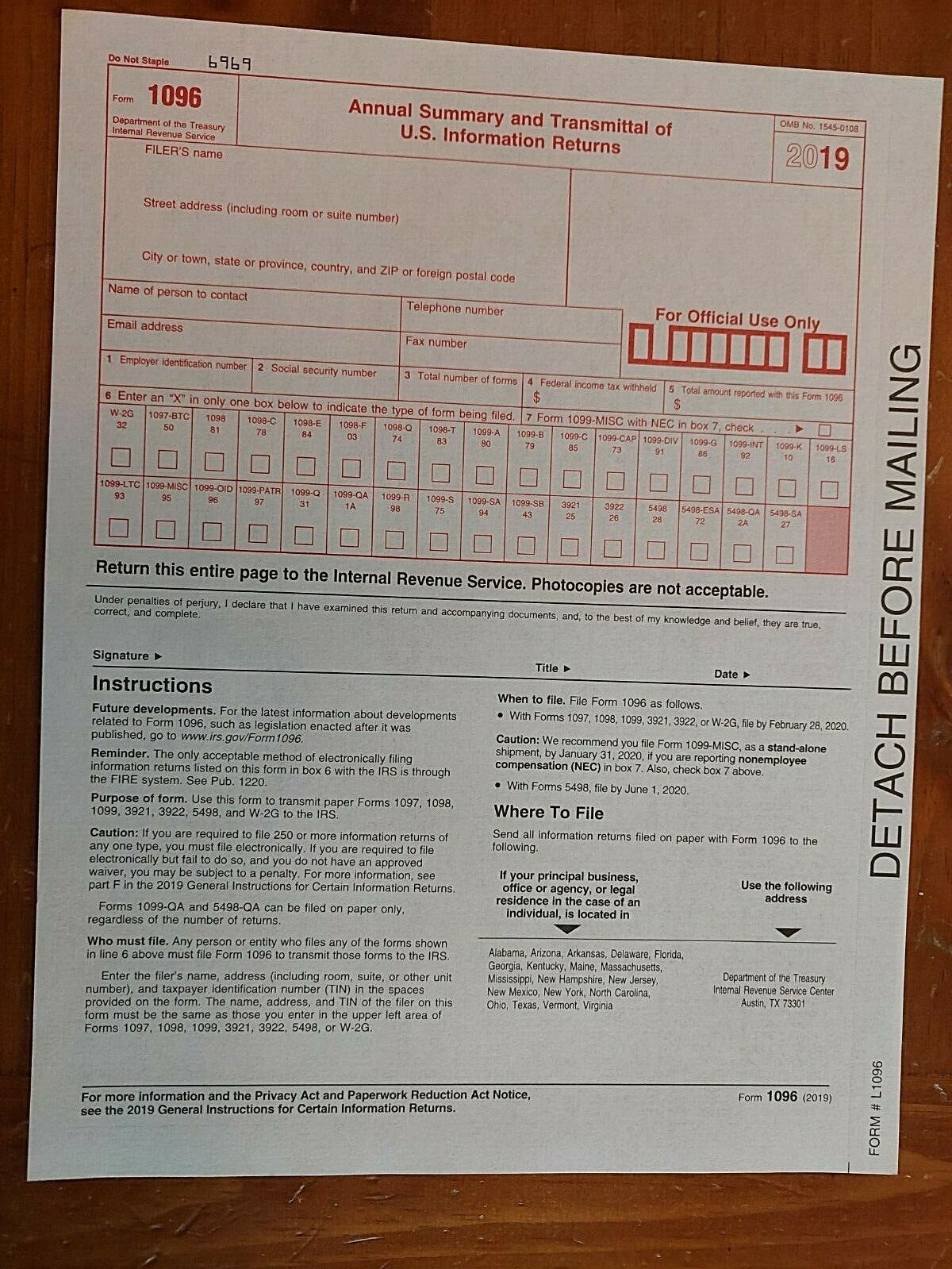 2019 IRS 1099-MISC Forms (for 2 recipients)-For Prior Year’s Tax Filing Season