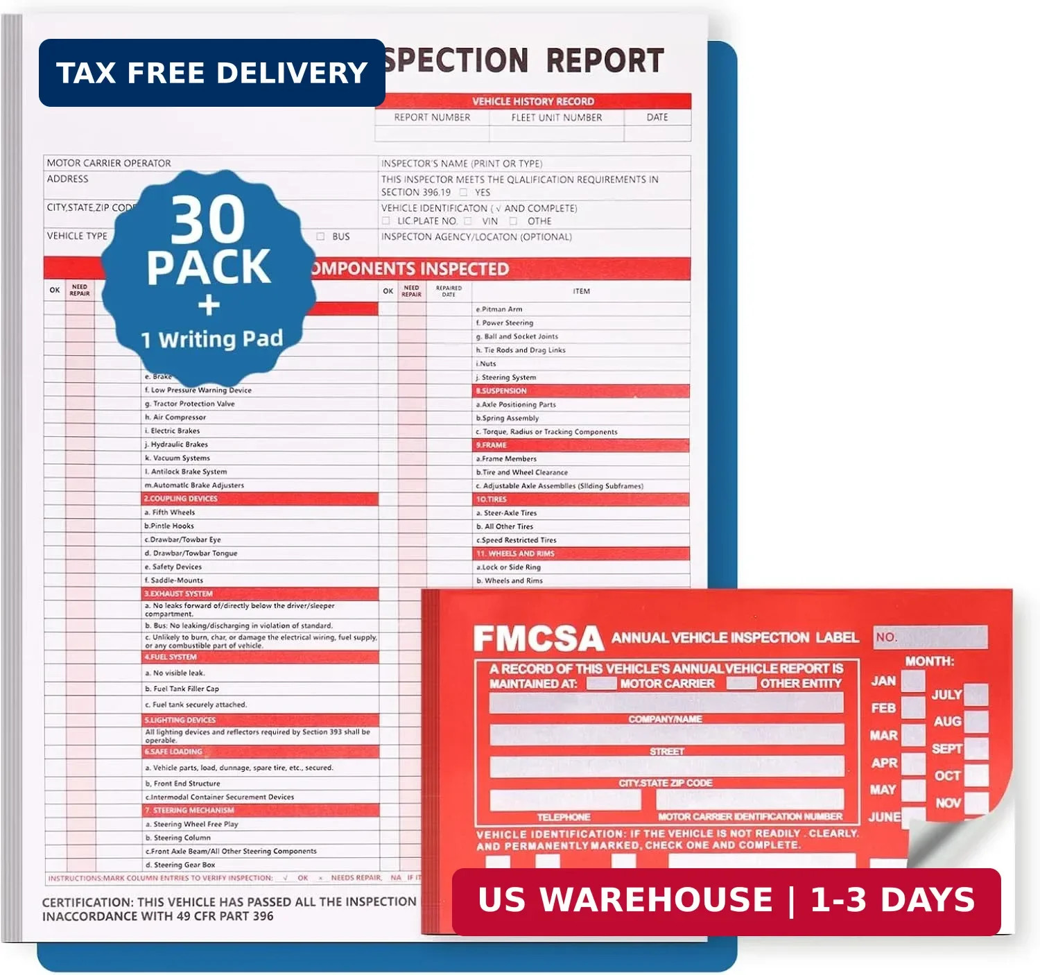 30-Pack Annual Vehicle Inspection Report Form, 3-Ply Carbonless Form and Hardboa