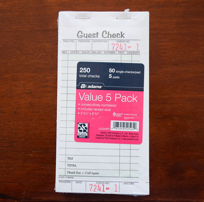 TOPS Guest Check 5-Pad Pack Single Part 50 Sheets/ea =Total 250 Cafe Slips, NEW