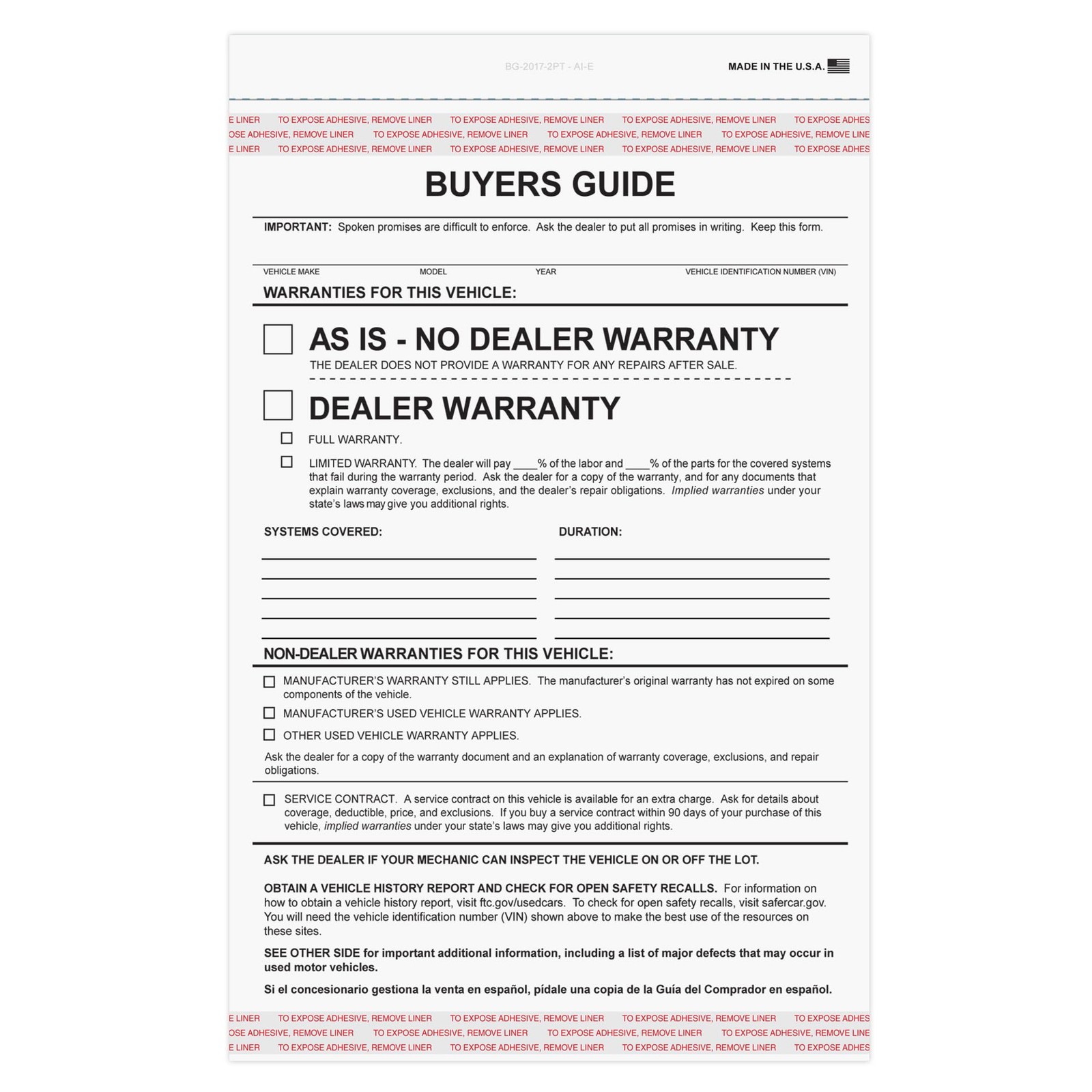Donkey Auto Products 2 Part Buyers Guide Form – Adhesive Tape – English – As is