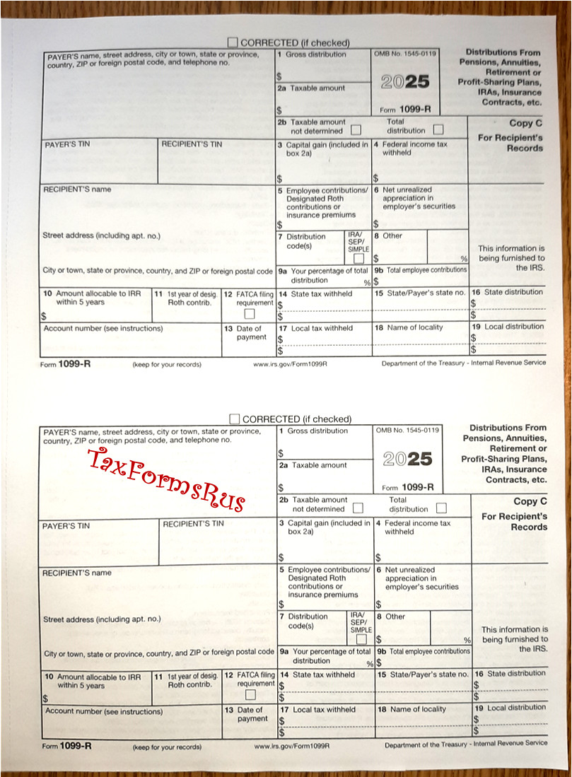 2025 IRS Tax Form 1099-R single sheet set for 2 recipients NONcarbonless 5pt 2up