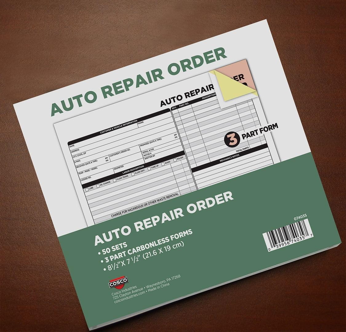 Auto Repair Order Forms 3 Part Carbonless 50 Pack White Canary Pink Wrap