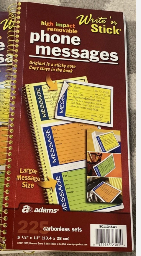 Adams phone messages book, Write ‘N Stick, 2 part Carbonless(K9)