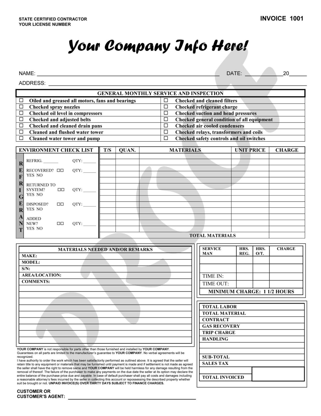 Air Conditioning & Heating Carbonless Job Work Order Form / Invoice 2-Part NCR