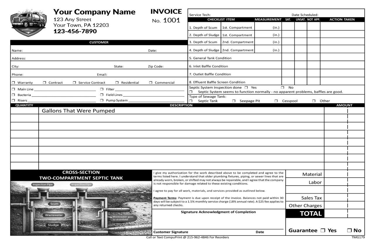 Custom Septic Work Order Invoice Form / 8.5 x 11 / 2 or 3 Part / TMG179