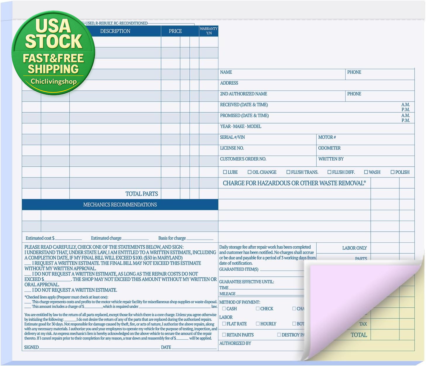 Auto Repair Invoice Book 3 Part Carbonless 50 Sets 8.5X7.44 Inch Mechanic Forms