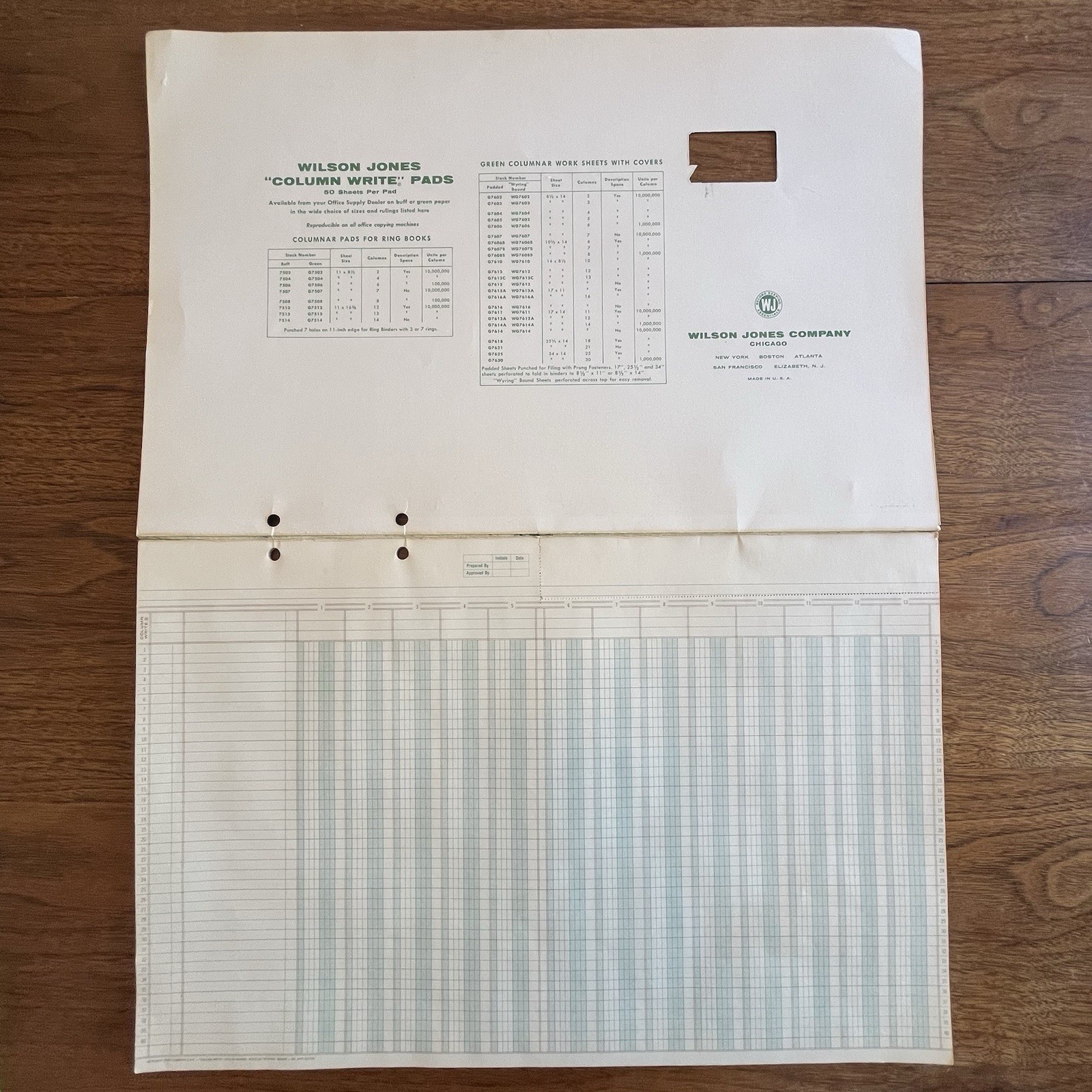 Vtg 1962 Wilson Jones Columnar Pad Write Analysis 13 Columns Green G7613A 11×17″