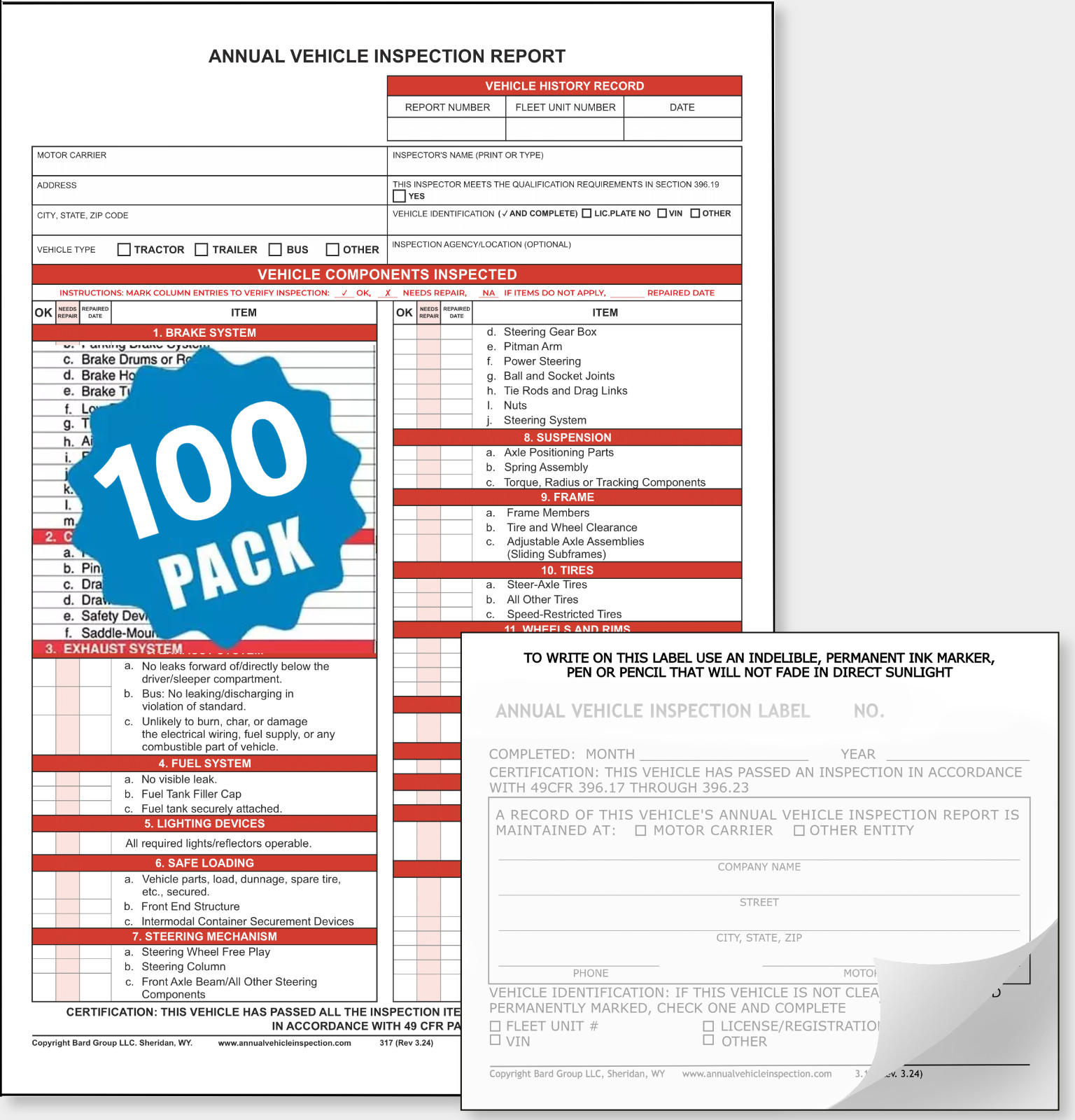 Annual Vehicle Inspection Report Form 3-Ply Carbonless and Label 2-ply, 100-PACK