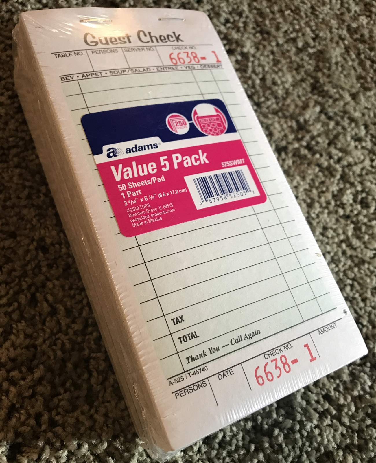 Adams Guest Check Pads, 5 Pack, Perforated, White, 3-2/5″ X 6-3/4″, 525SWMT