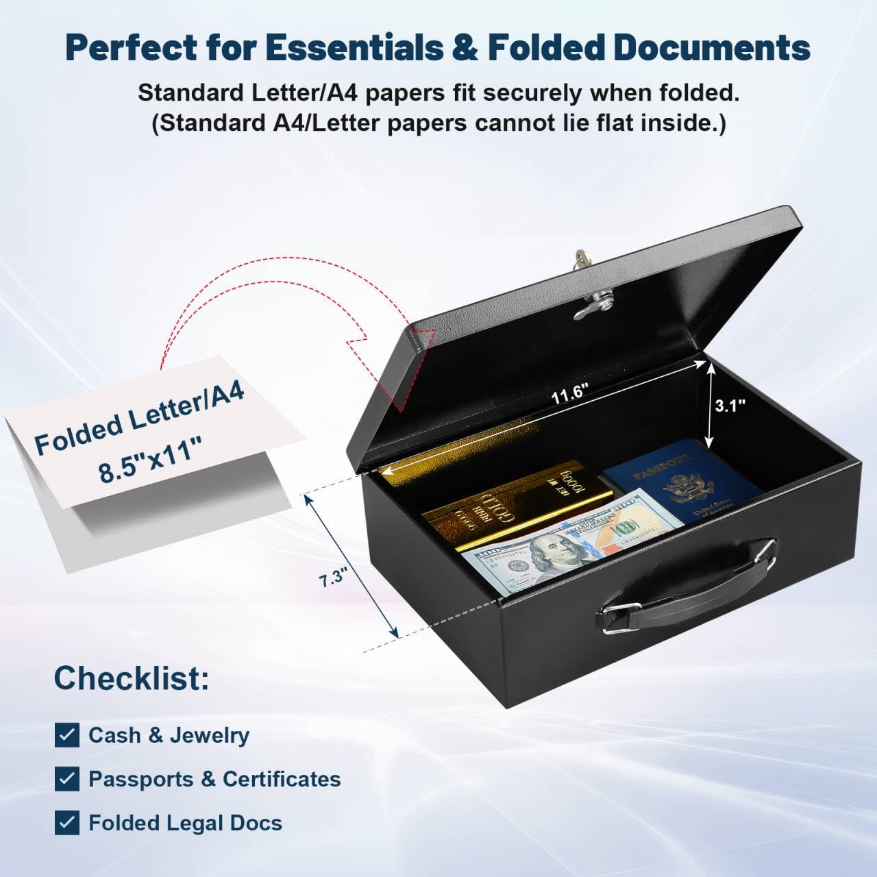 KYODOLED Fireproof Document Box with Key Lock, Small Medium, Black-M-Key Lock