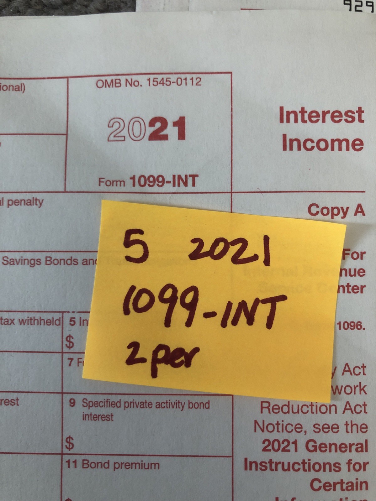 5-pack 2021 IRS Tax Form 1099-INT single sheet set 10 recipients NON-carbonless