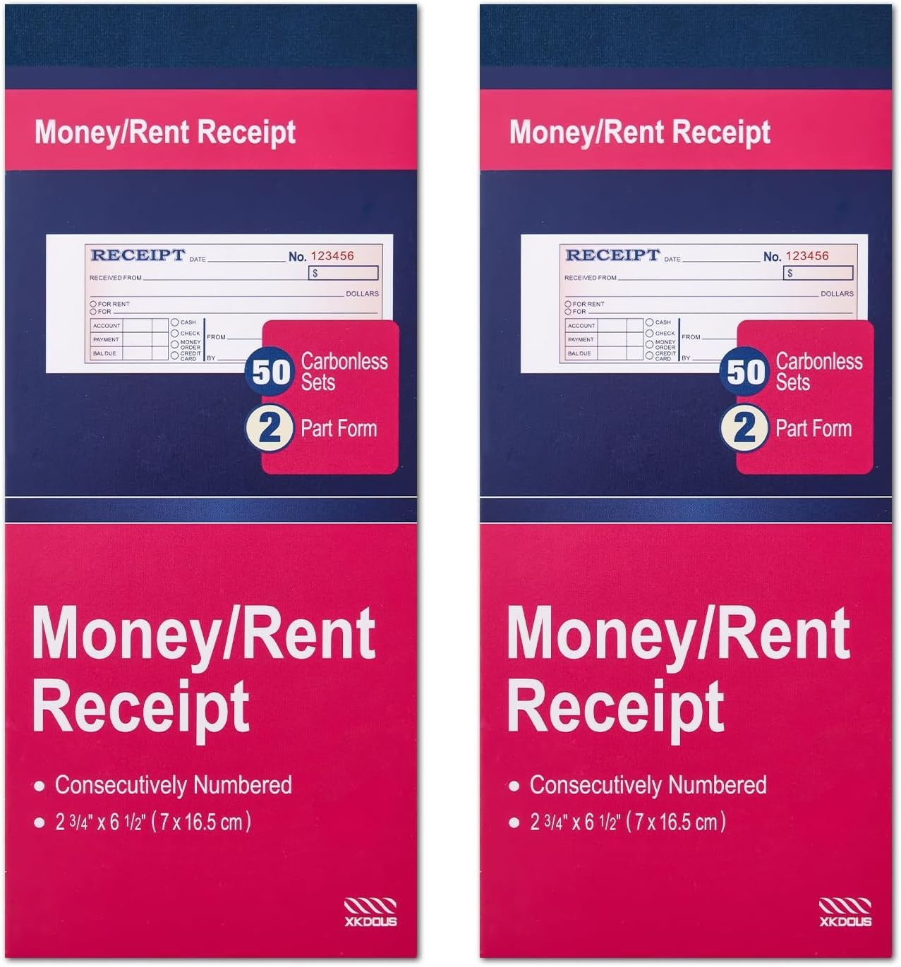 XKDOUS 2 Pack Money and Rent Receipt Book, 2-Part Carbonless, 2-3/4 x 6-1/2