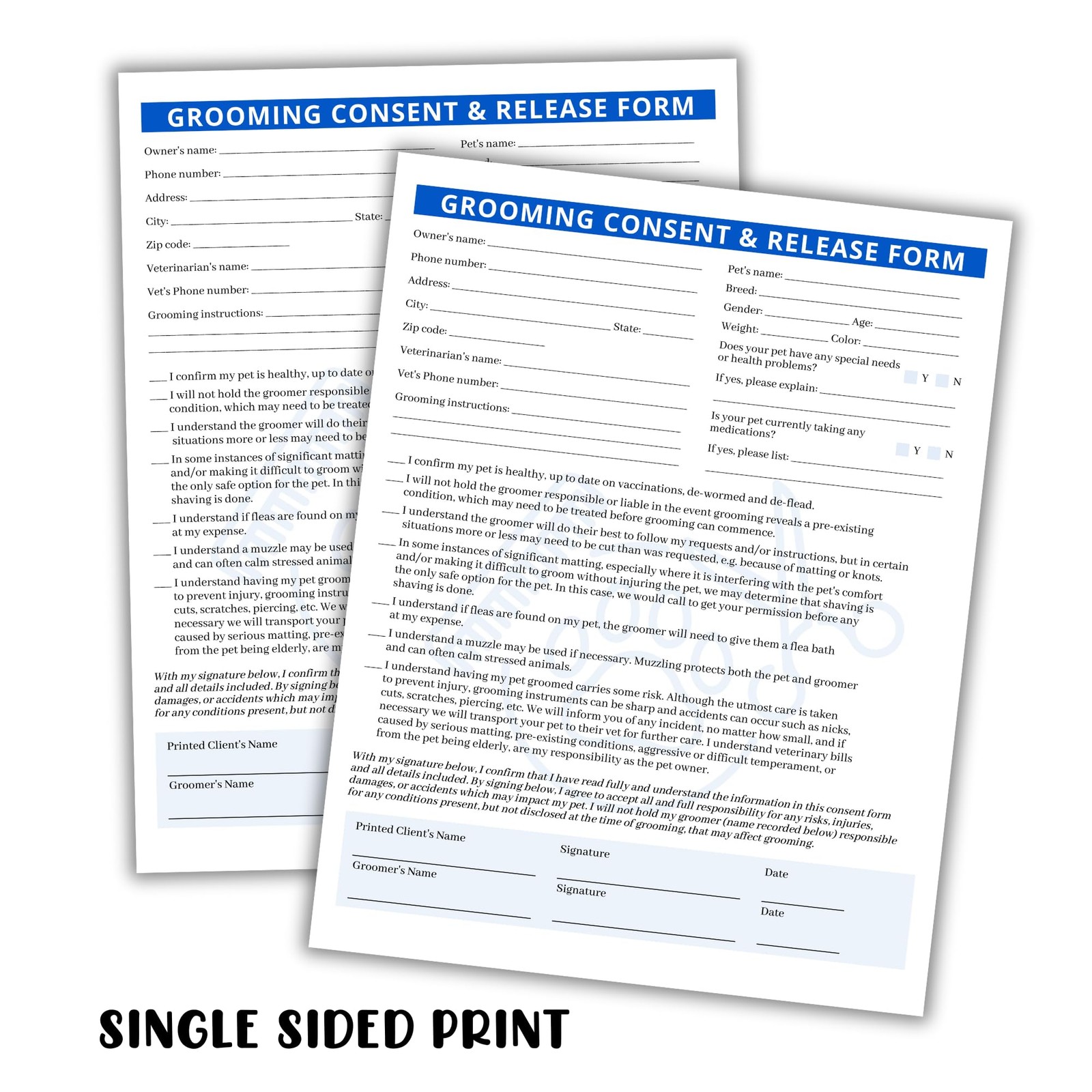 Pet Grooming Intake, Consent & Release Form | 50 Pack 8.5×11 inches, Blue