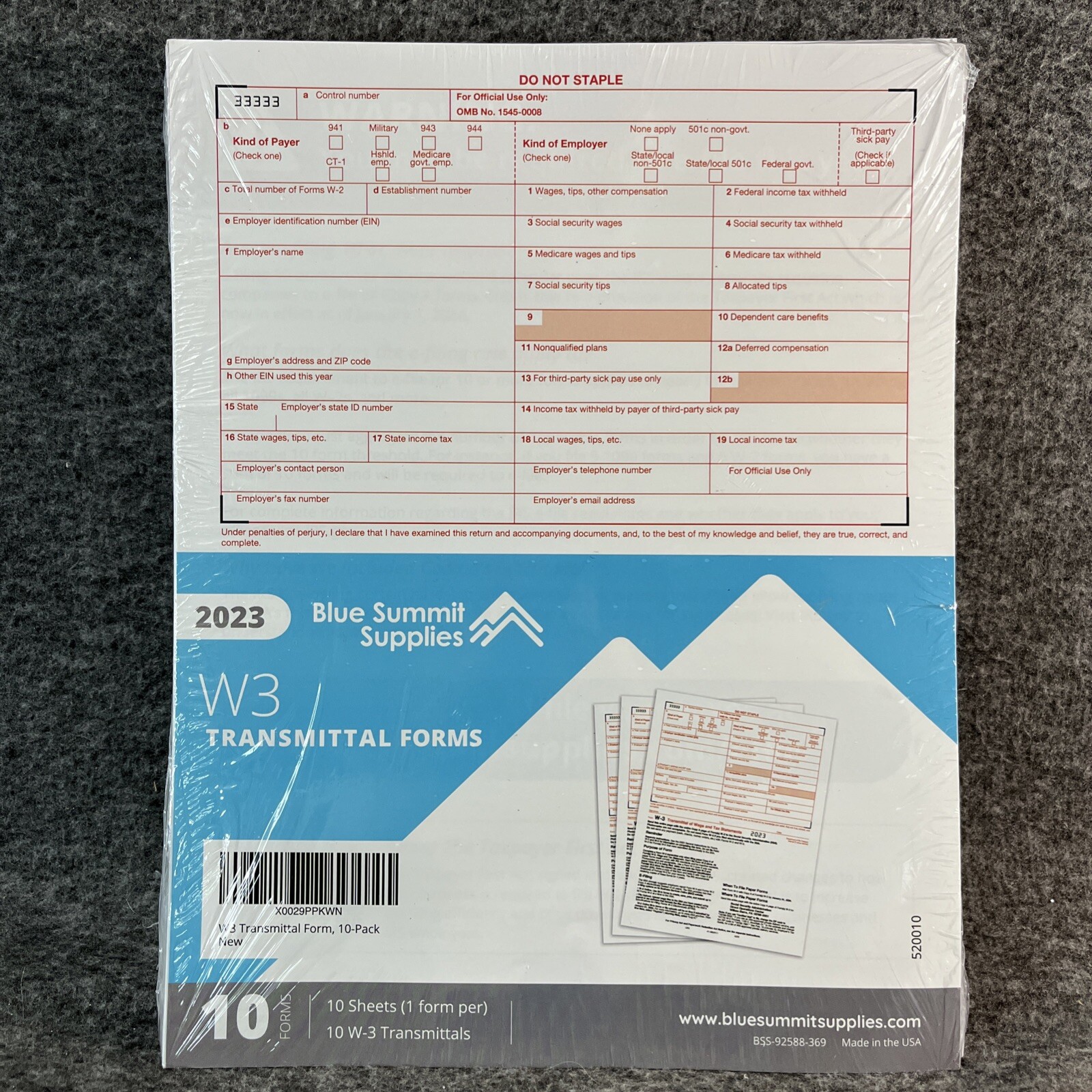 10-pack — 2023 W3 Transmittal Forms ONLY IRS Taxes Blue Summit Supplies NEW