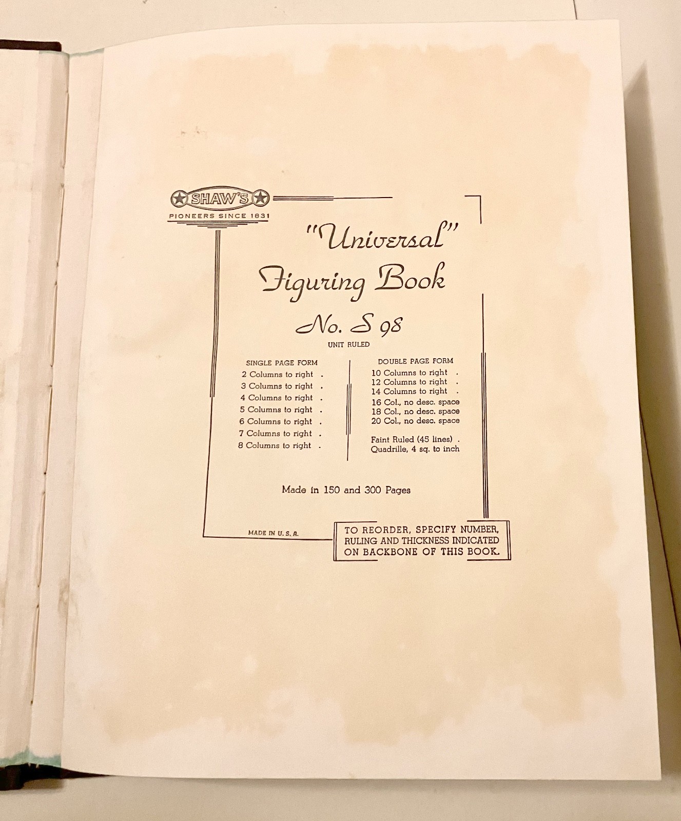 Vintage Shaw’s Universal Blank Ledger 10″ x 12″ No. S 98