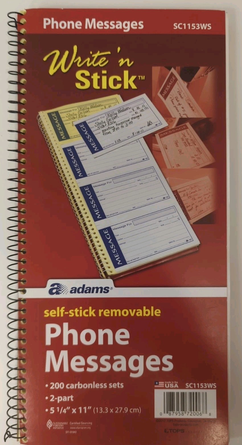 Adams phone messages book, SC1153WS, Write ‘N Stick, 2 part, 200 carbonless sets