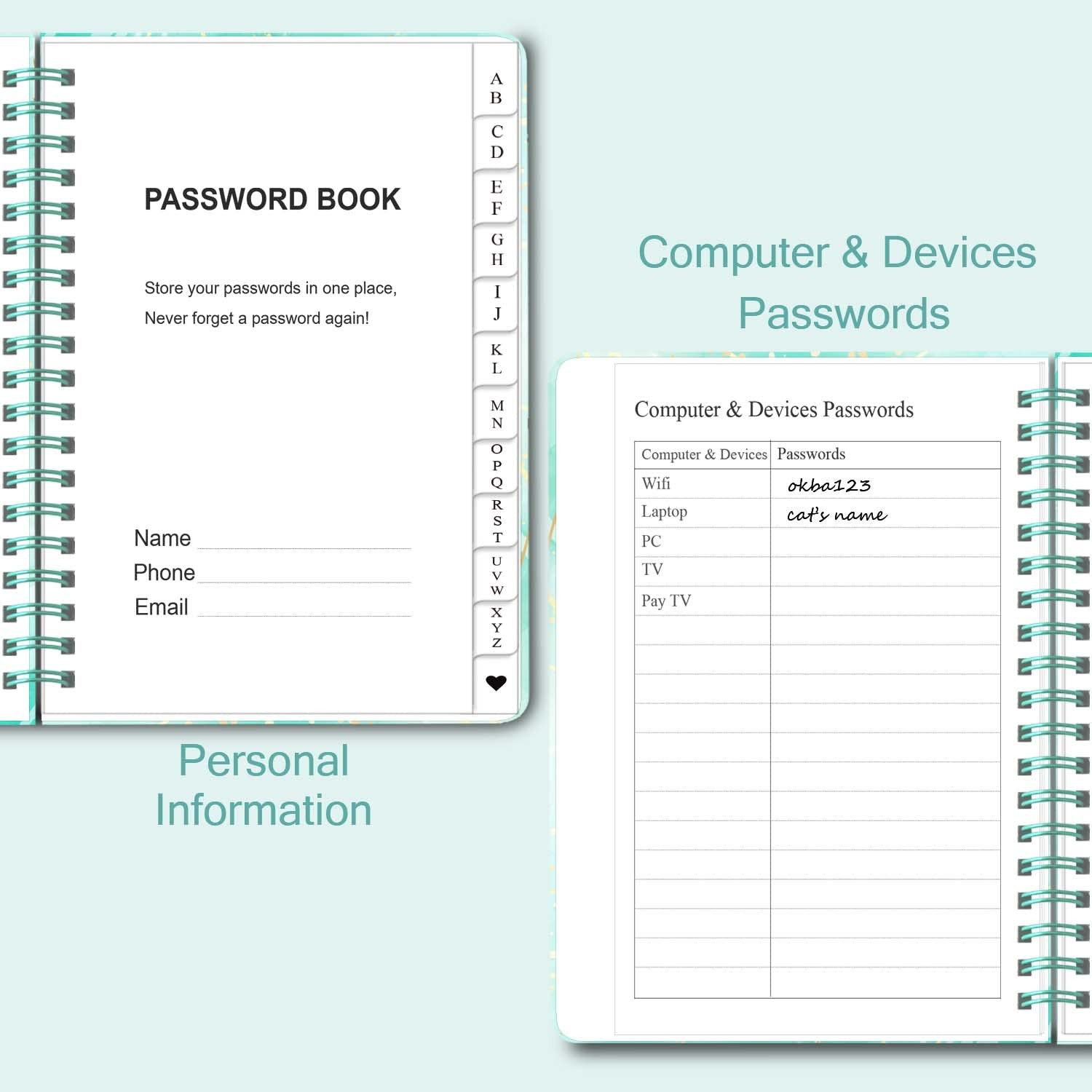 Password Book with Alphabetical Tabs – Spiral 5.1×6.9 IN, Blue