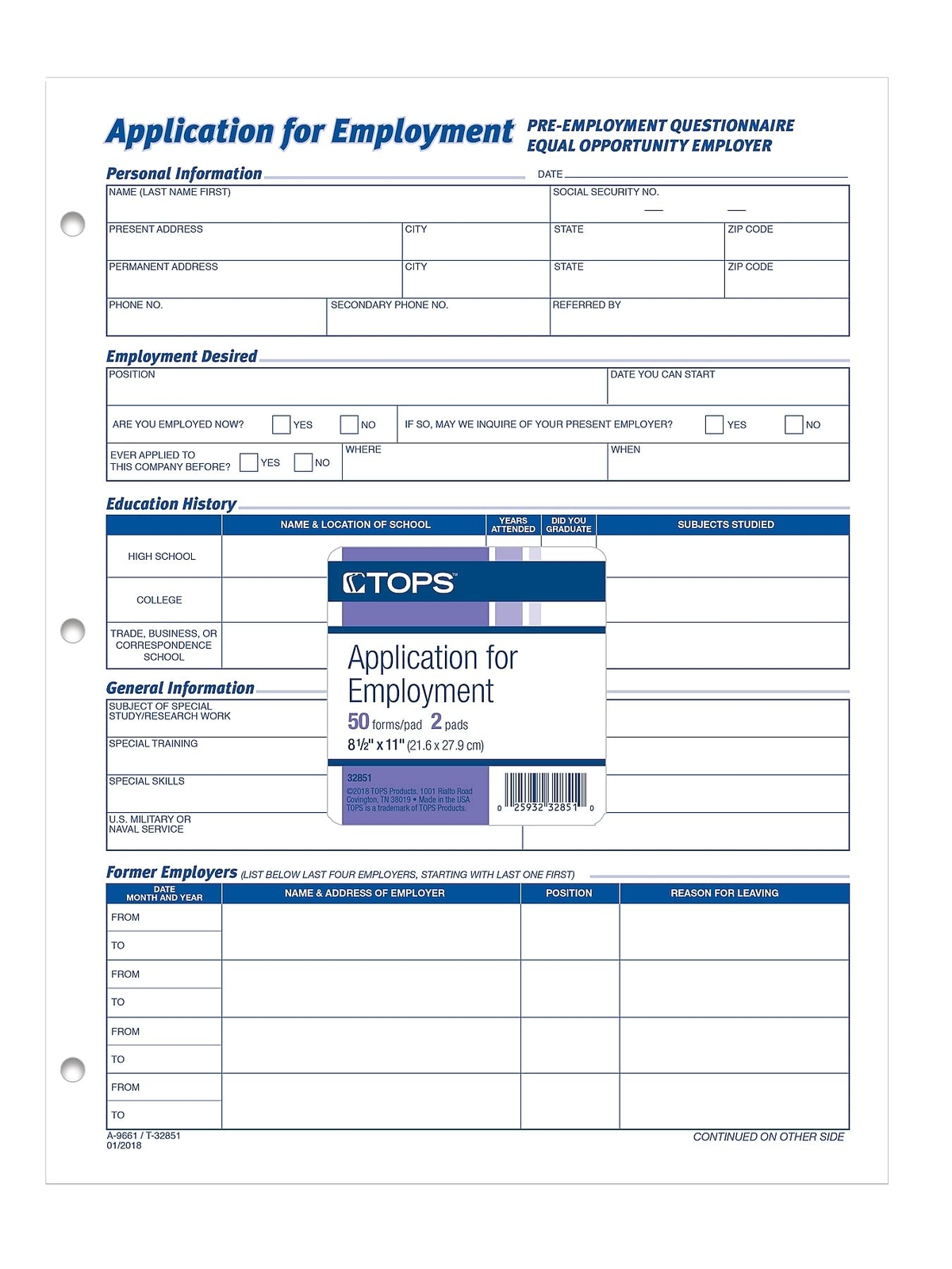 TOPS Employment Application Forms 11×8.5 White 2 Pack 50 Sheets Per Pad