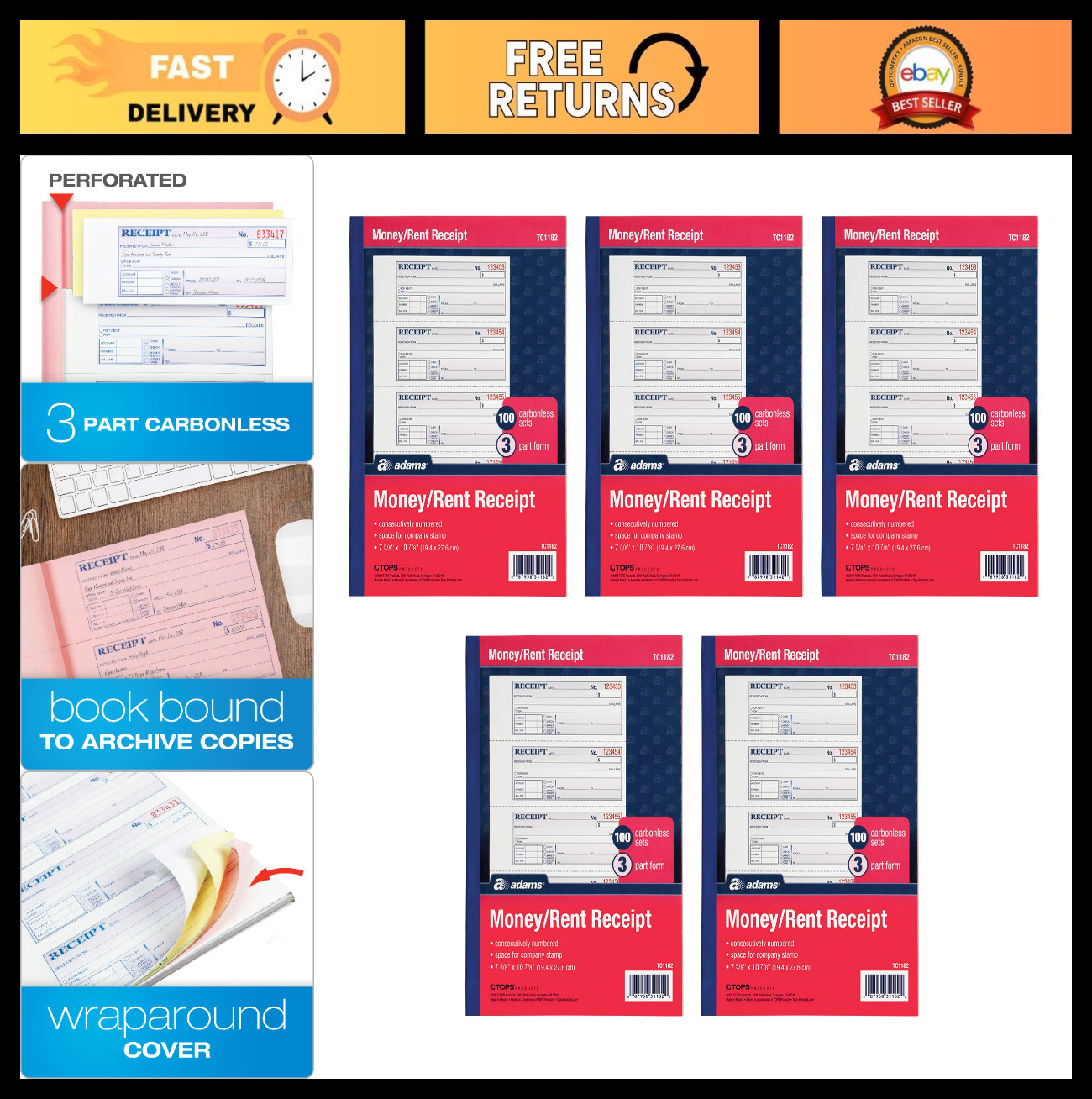 Carbonless Money & Rent Receipt Books – 3-Part, 100 Sets, Wraparound Cover, 5 Pa