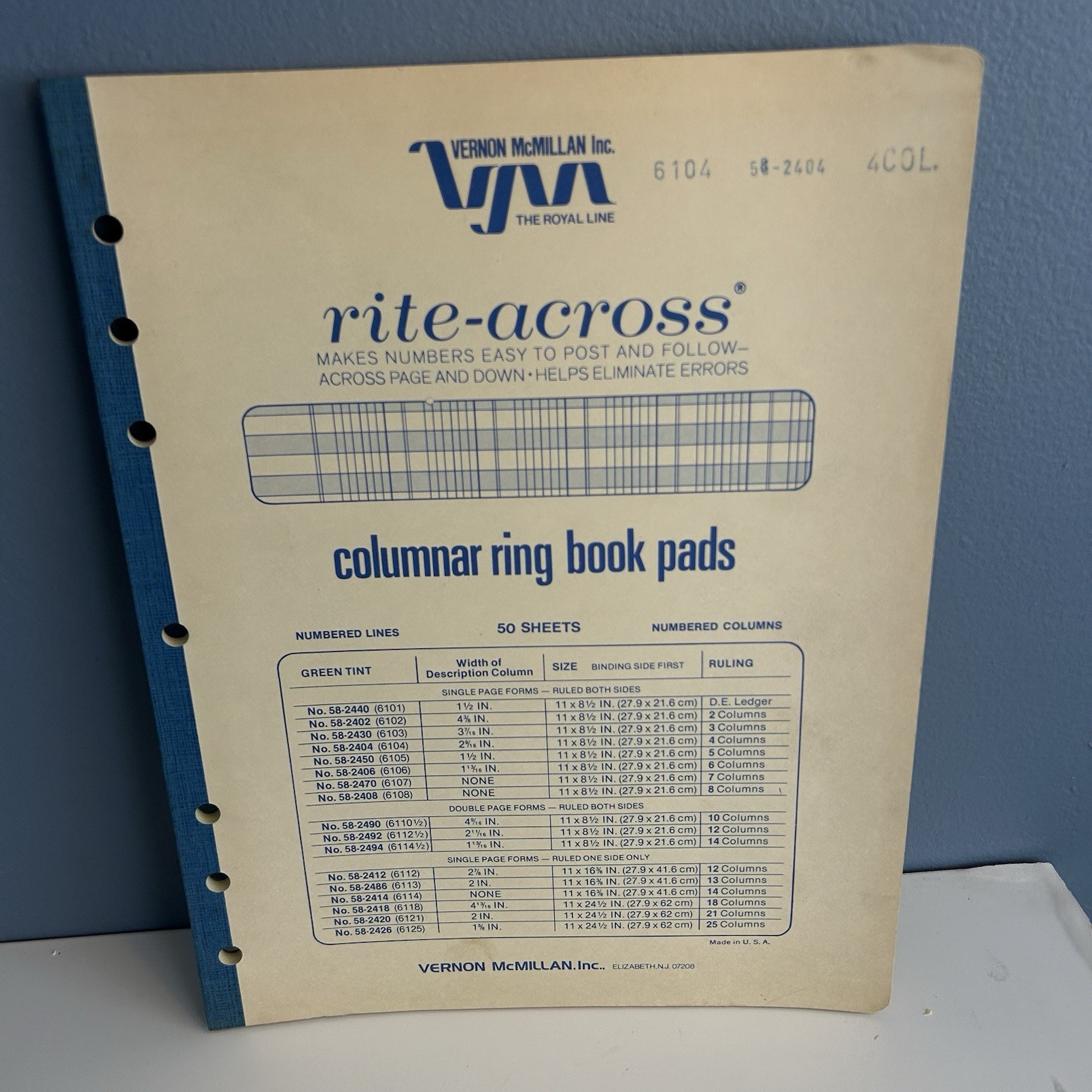 Vernon McMillan Columnar Ring Book Pads 6104 4Col Rite-Across, 50 Shts