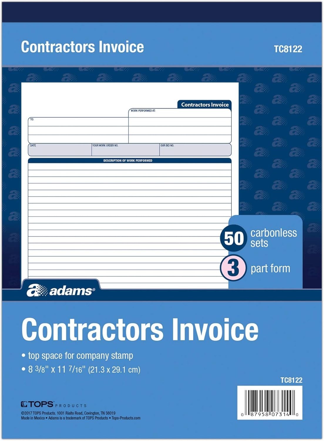 Contractor’s Invoice Book with Large Description Area – 3-Part Carbonless Forms