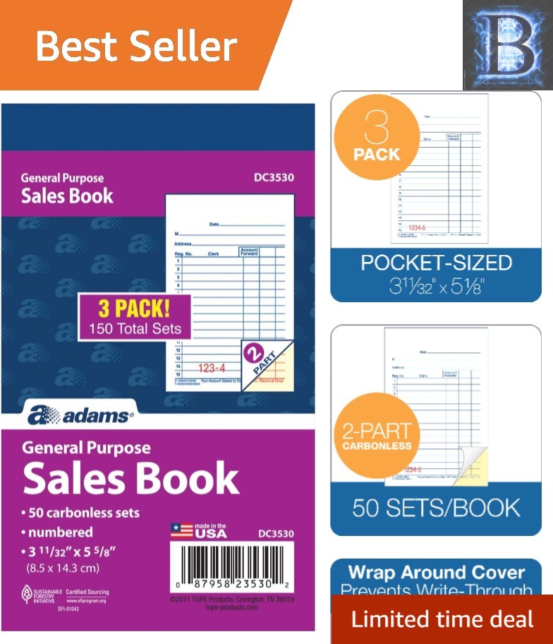 Compact 2-Part Carbonless Sales Book – Professional Invoicing, 50 Sets, 3-Pack