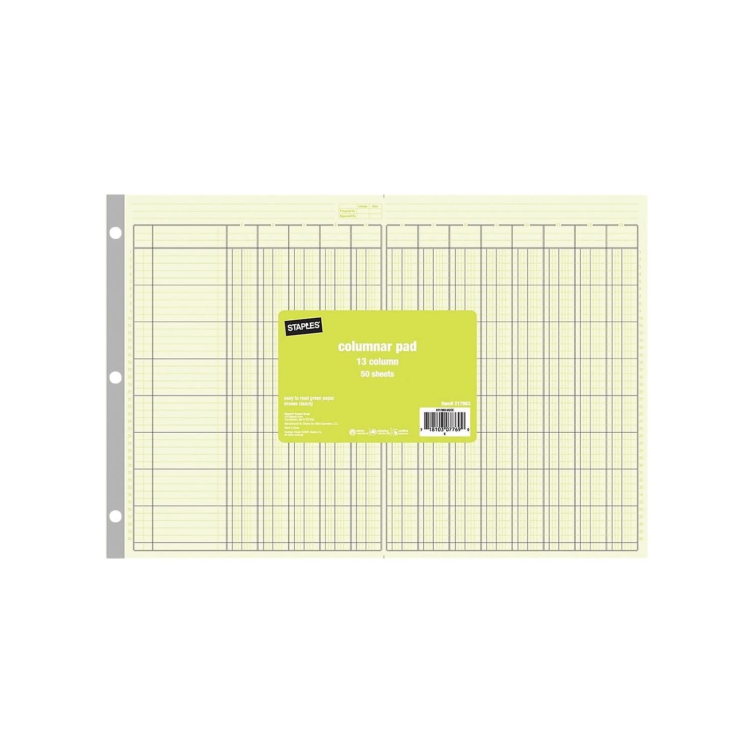 Staples Analysis Pads, 13‑Column 16.31″W x 11″H (Pack of 1 Pad), Green
