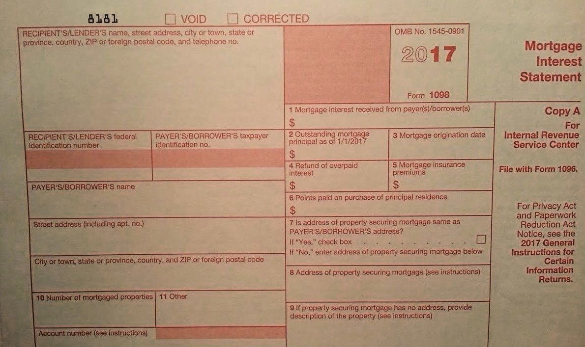 2017: 5 SHEETS 1098 IRS Mortgage Interest Statement & 2=1096 Transmittal Forms