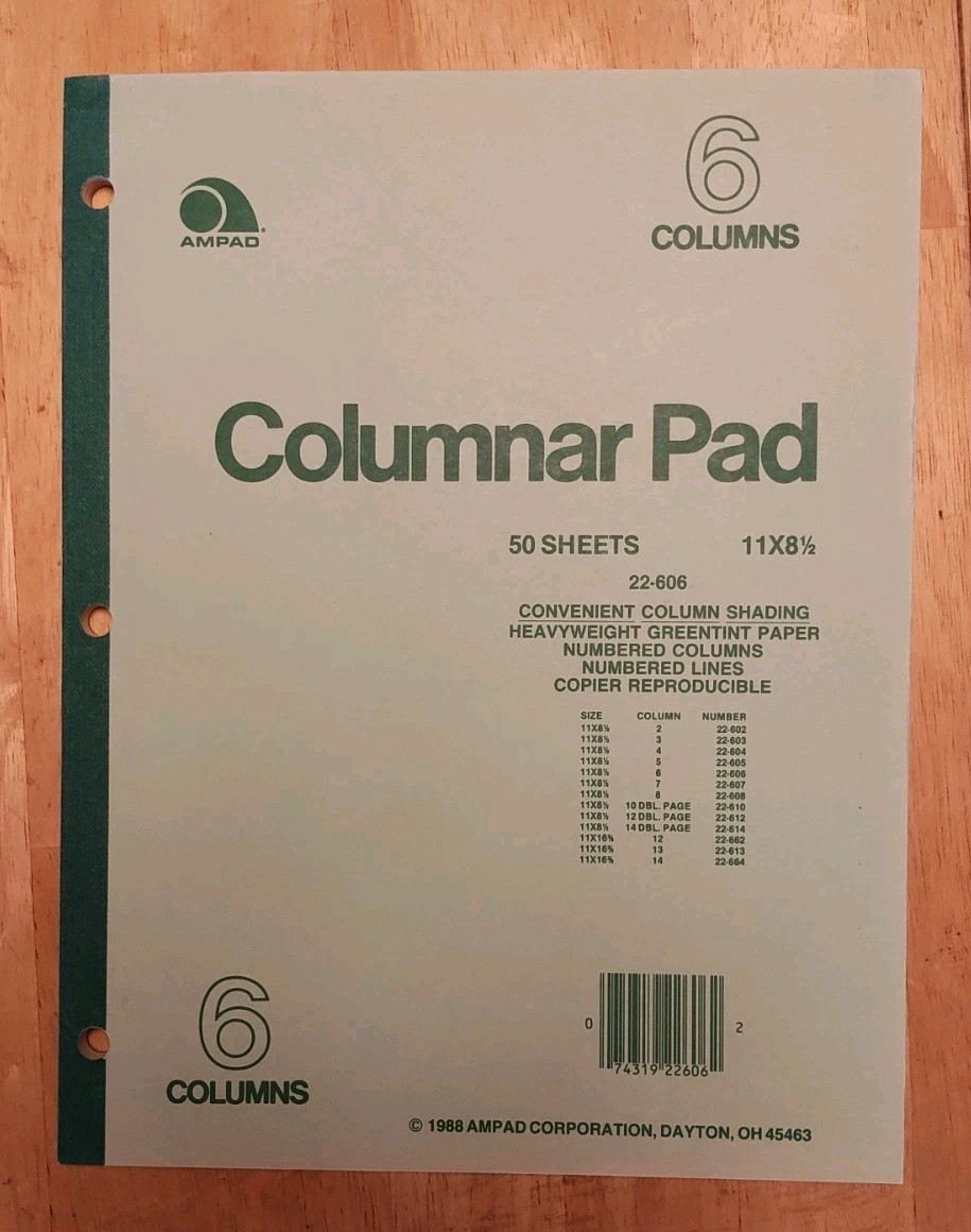 Ampad Columnar Pad 6 Columns 11×8.5 Light Green 50 Sheets 22-606