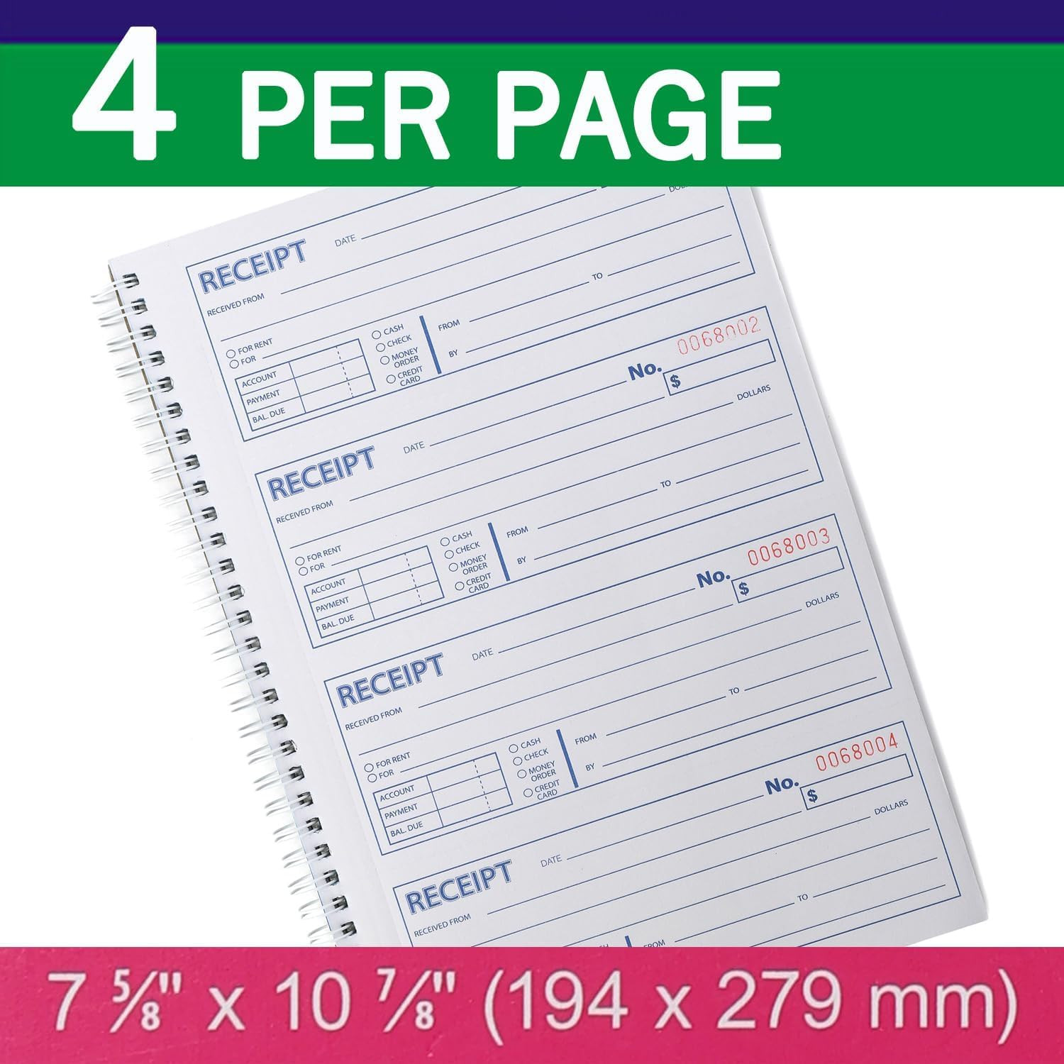 Money and Rent Receipt Book 2-Part Carbonless 7-5/8″ X 11″ Spiral Bound 200 Sets