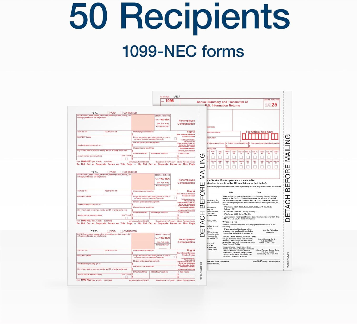 Adams 1099 NEC Forms 2025, 3-Part Kit for 50 Recipients, Includes 50 Envelopes,