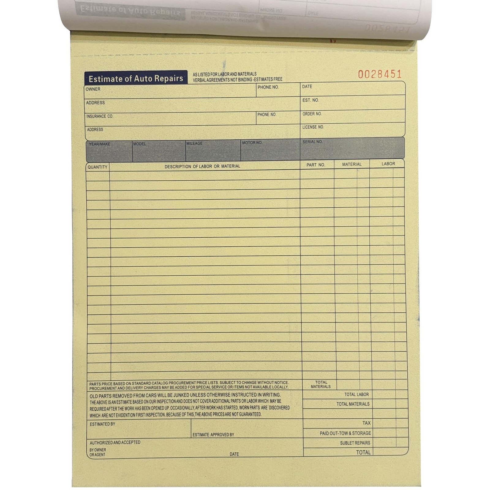 Roll Maven 10 Pack Auto Repair Estimate Book, 2-Part, 10 Pack, White