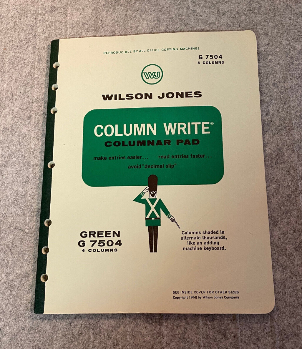 Vintage 1968 WILSON JONES Column Write Columnar Pad Green G7504 4 Column Unused