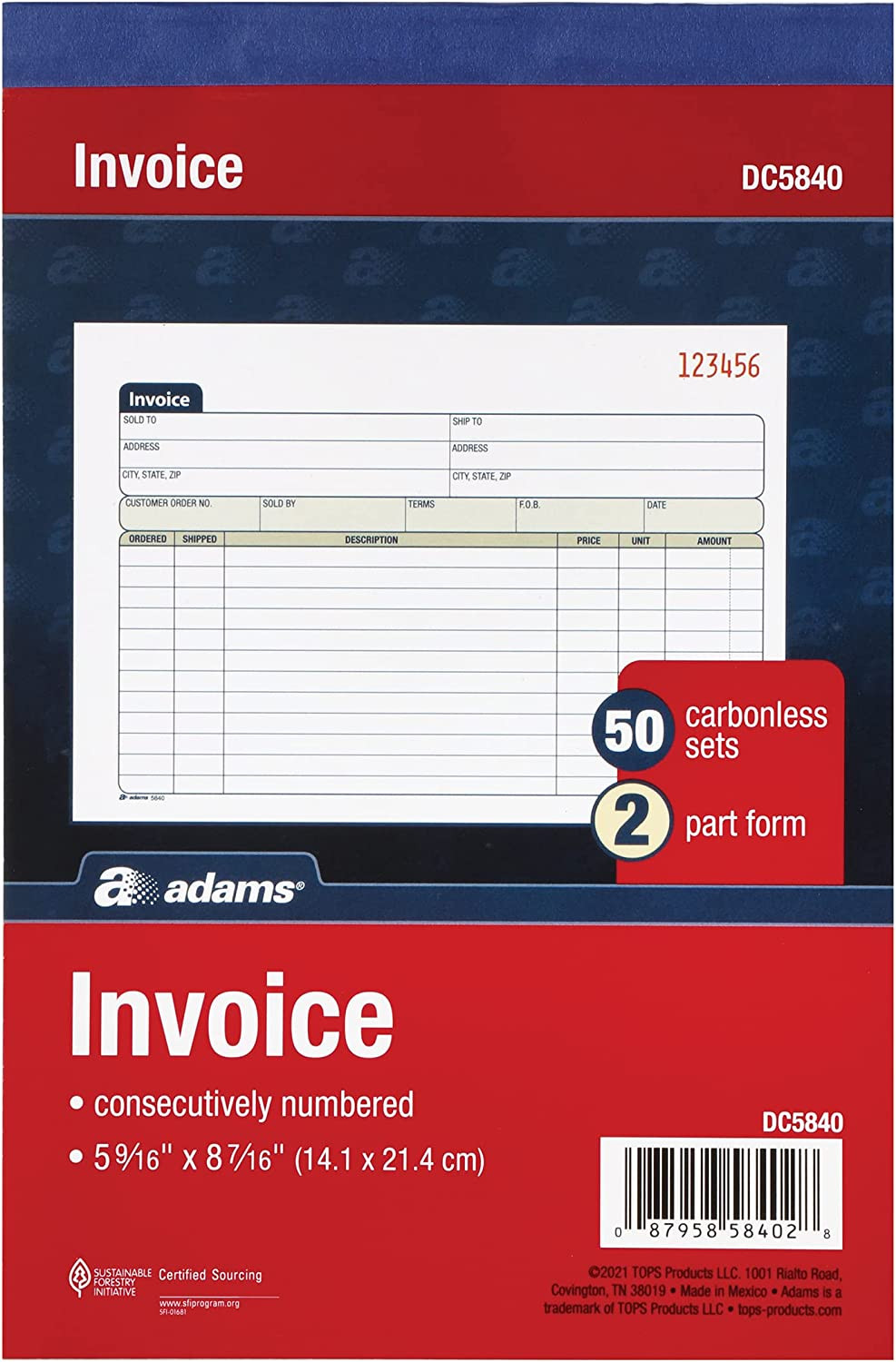 Adams Invoice Book 3 Pack, 2 Part Carbonless Invoices, Horizontal Sales Slip, 5-