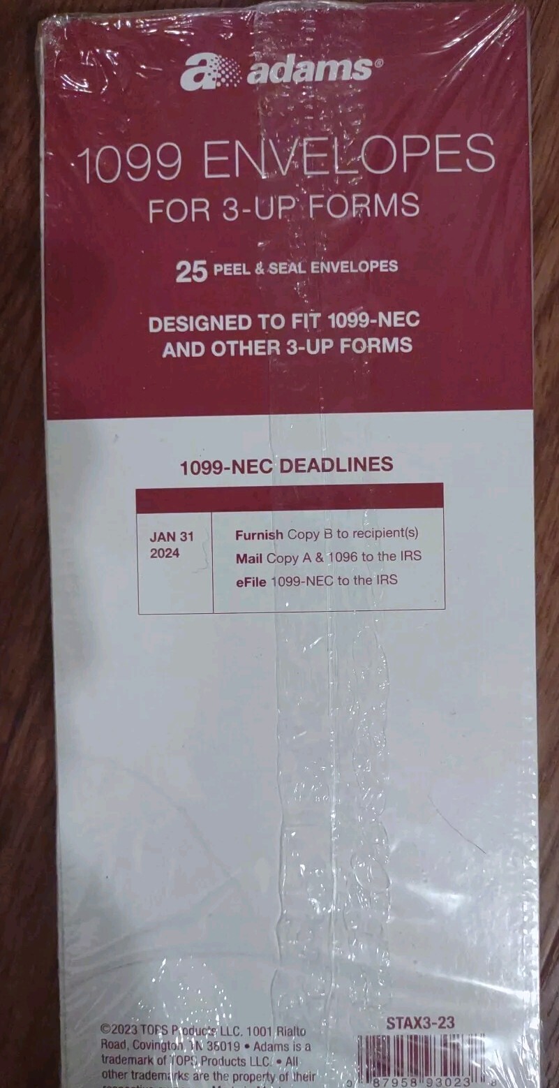 Adams 1099 Envelopes For 3-up Forms Double-Window Peel & Seal 2pkg 50 Total