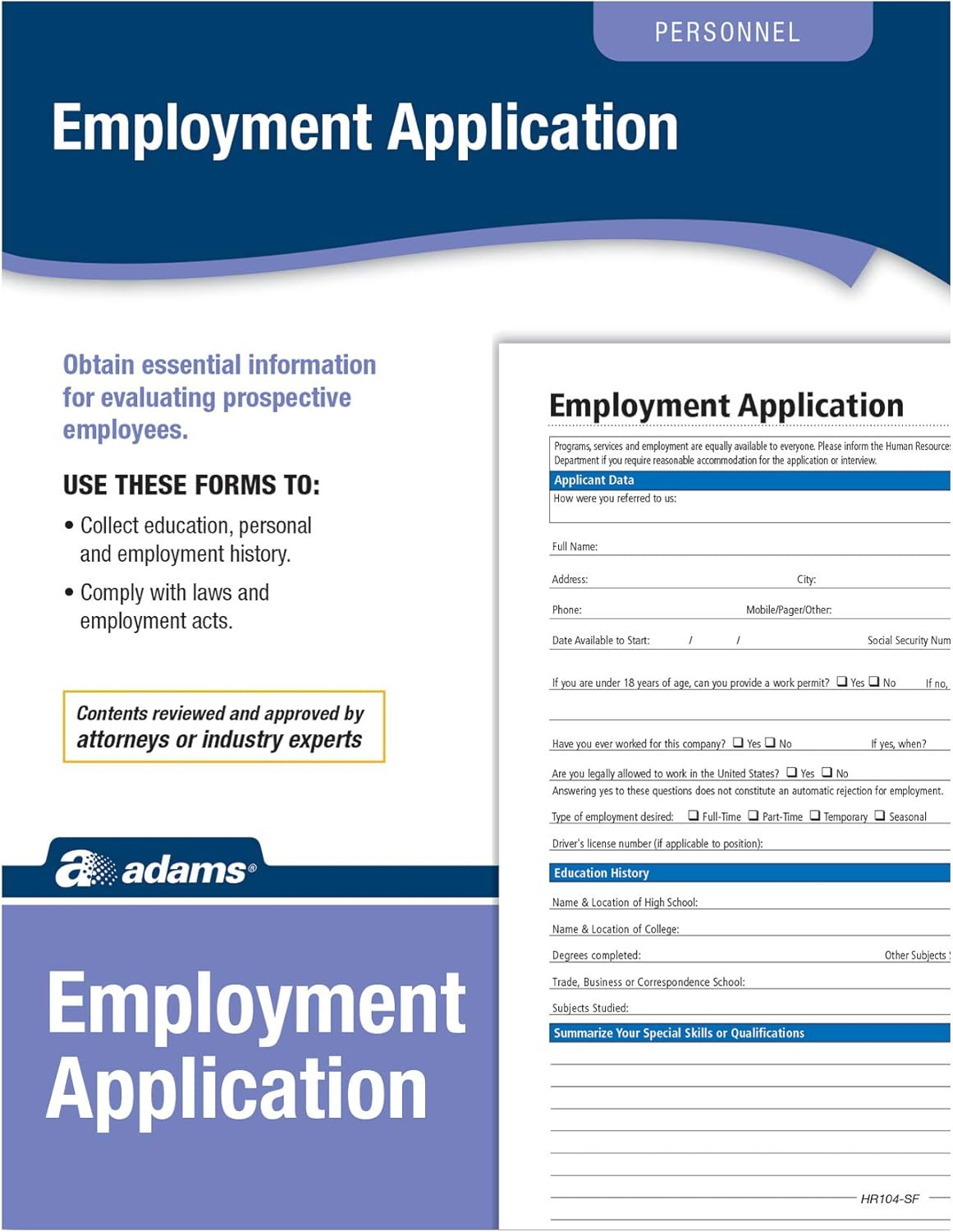 Application for Employment, Forms and Instructions, 50 Forms per Pack (HR104) ,