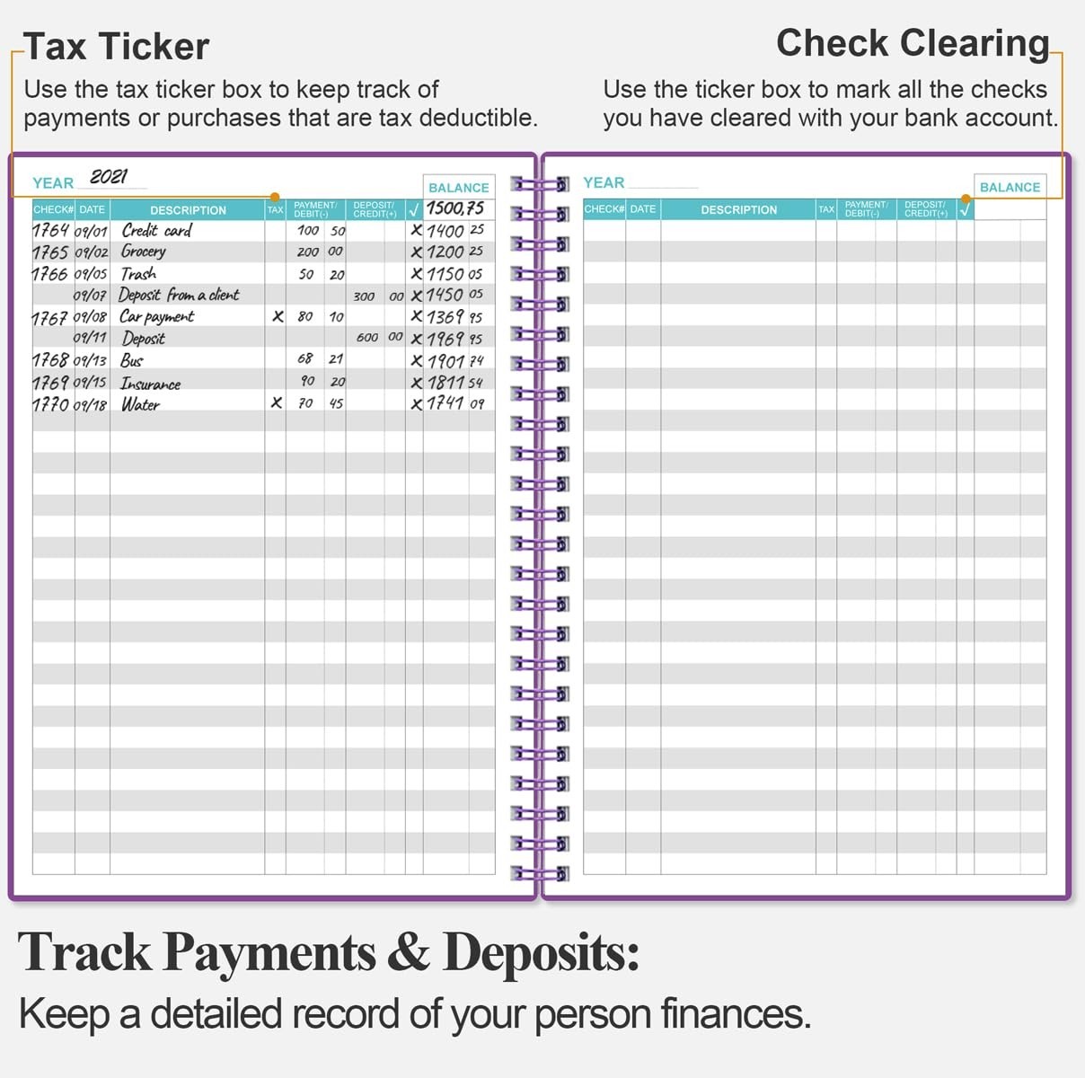 A5 Purple Check Register – Stylish Expense Ledger for Personal & Business Use