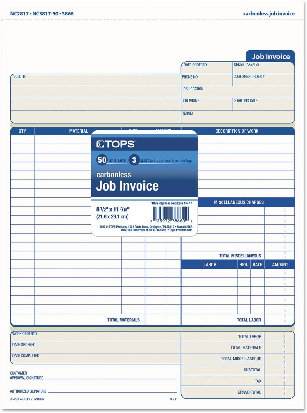 Job Invoice with Materials List, 3-Part, Carbonless, 8.5 X 11 Inches, 5 Sets per