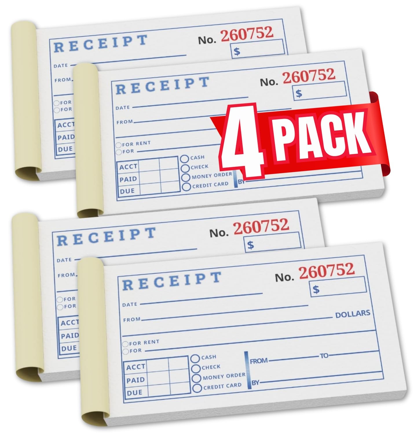 2-Part Carbonless Receipt Books 4 Pack Rent and Cash 50 Sets per Book