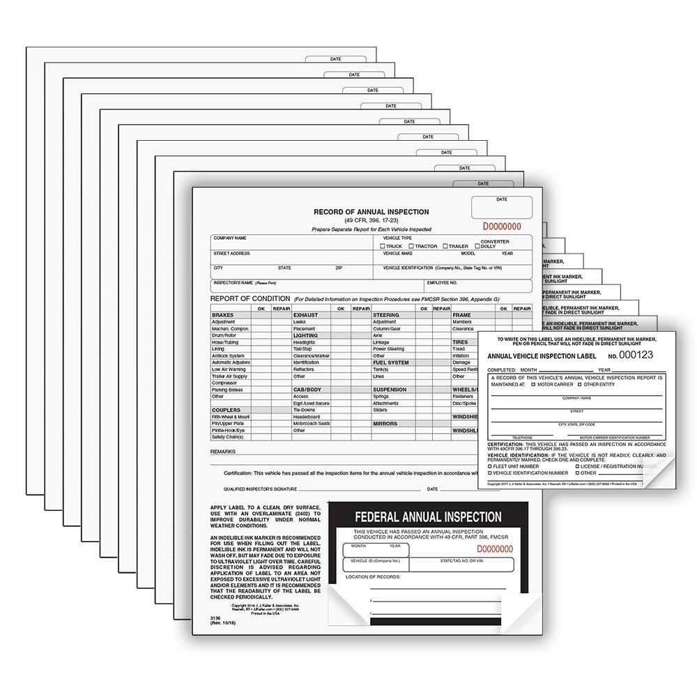 J. J. Keller 10-Pack, Record of Annual Inspection Form with Inspection Label …