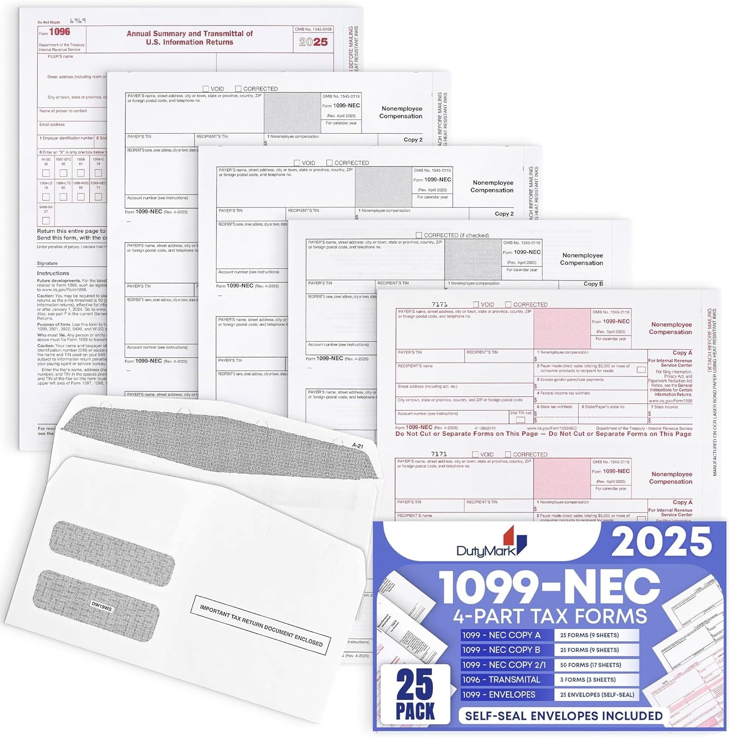 1099 NEC Forms 2025 for 25 Recipients 4 Part Laser Tax Forms Kit, 3 1096 Forms,