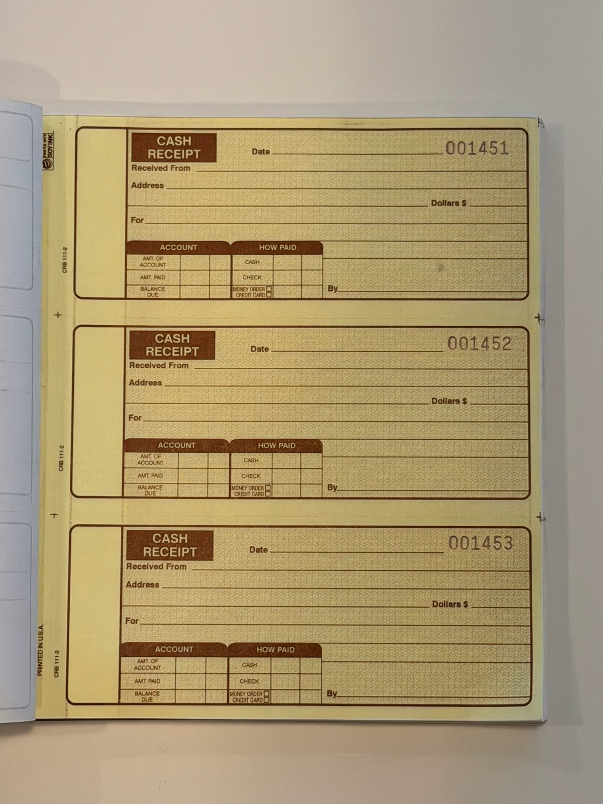 Cash Receipt Book 3-Per Page Carbonless Spiral Bound CRB 111-2 Made in USA (225)