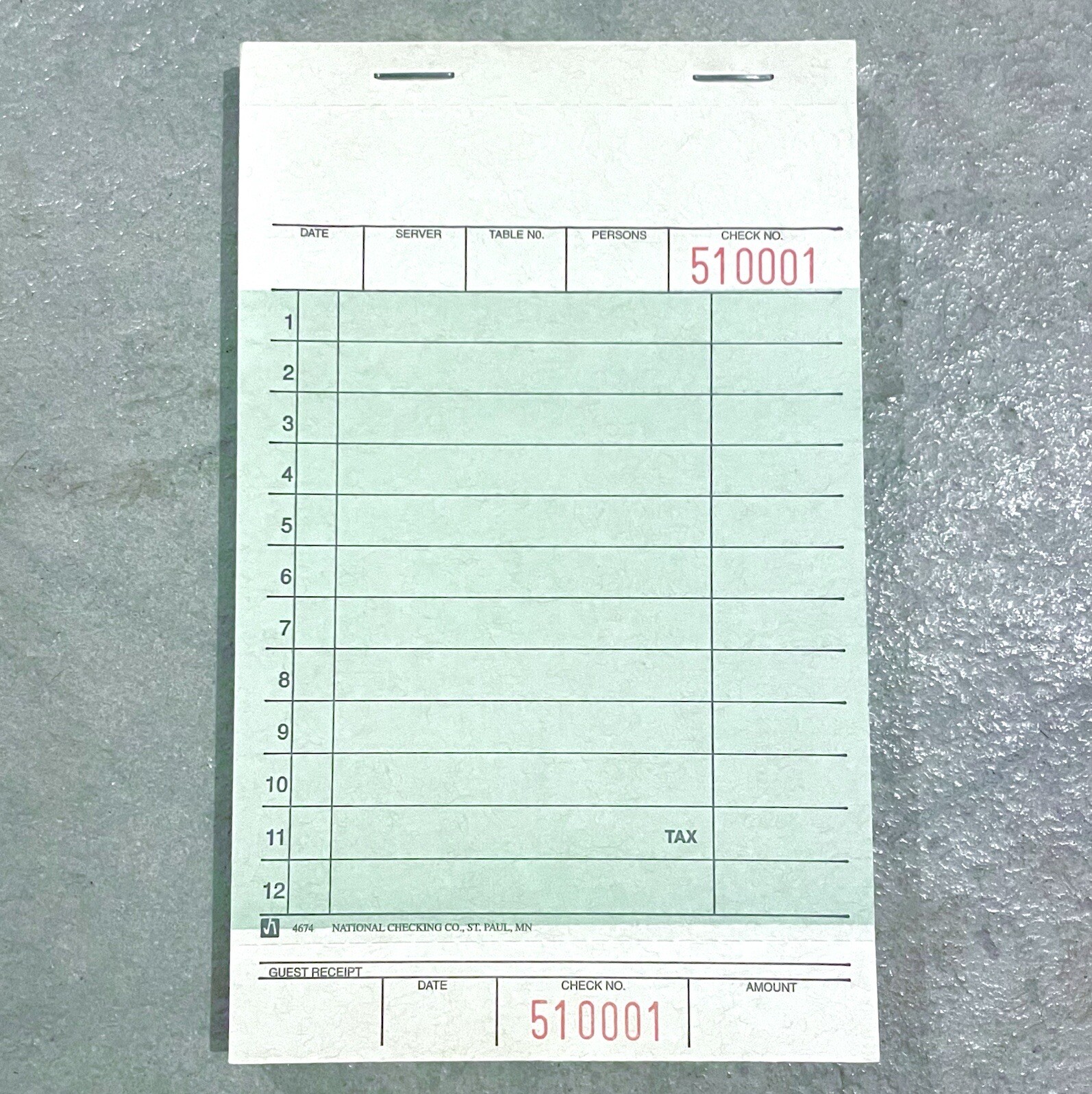 NCCO Green Carbonless GuestChecks 1-Part (50 Pads, 50 Checks PerPad) 2500 Checks
