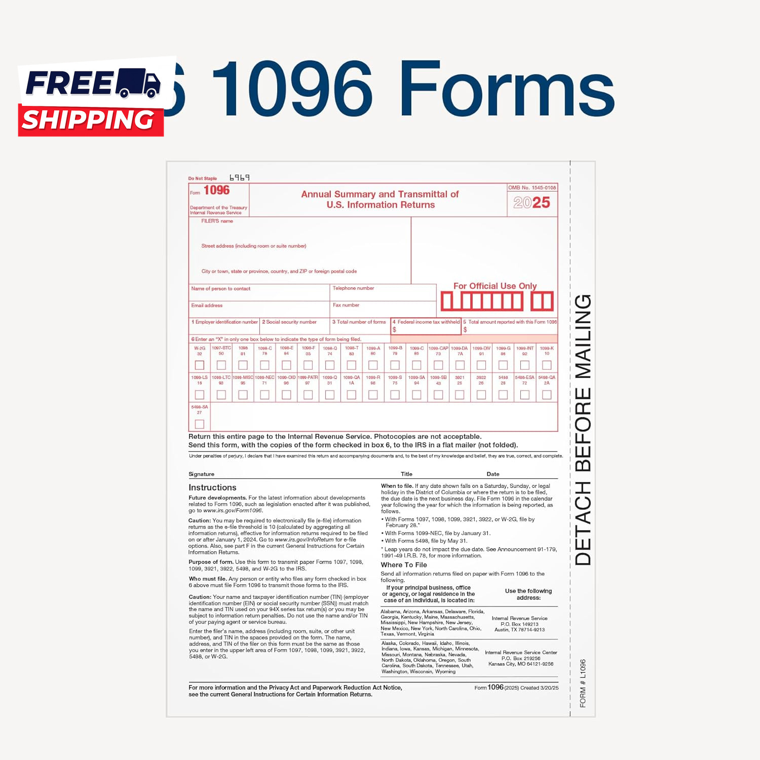 1099 NEC Forms 2025 4-Part Kit for 50 Recipients Includes 6 1096 Forms