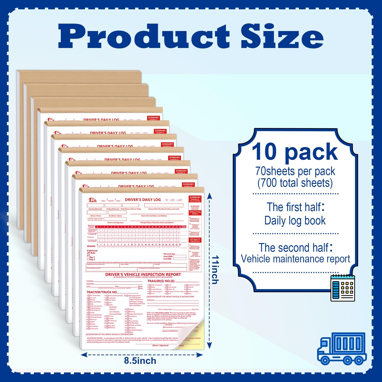 10 Pcs 8.5x11inch 2-in-1 Driver Log Books for Truckers Dot Book Driver…