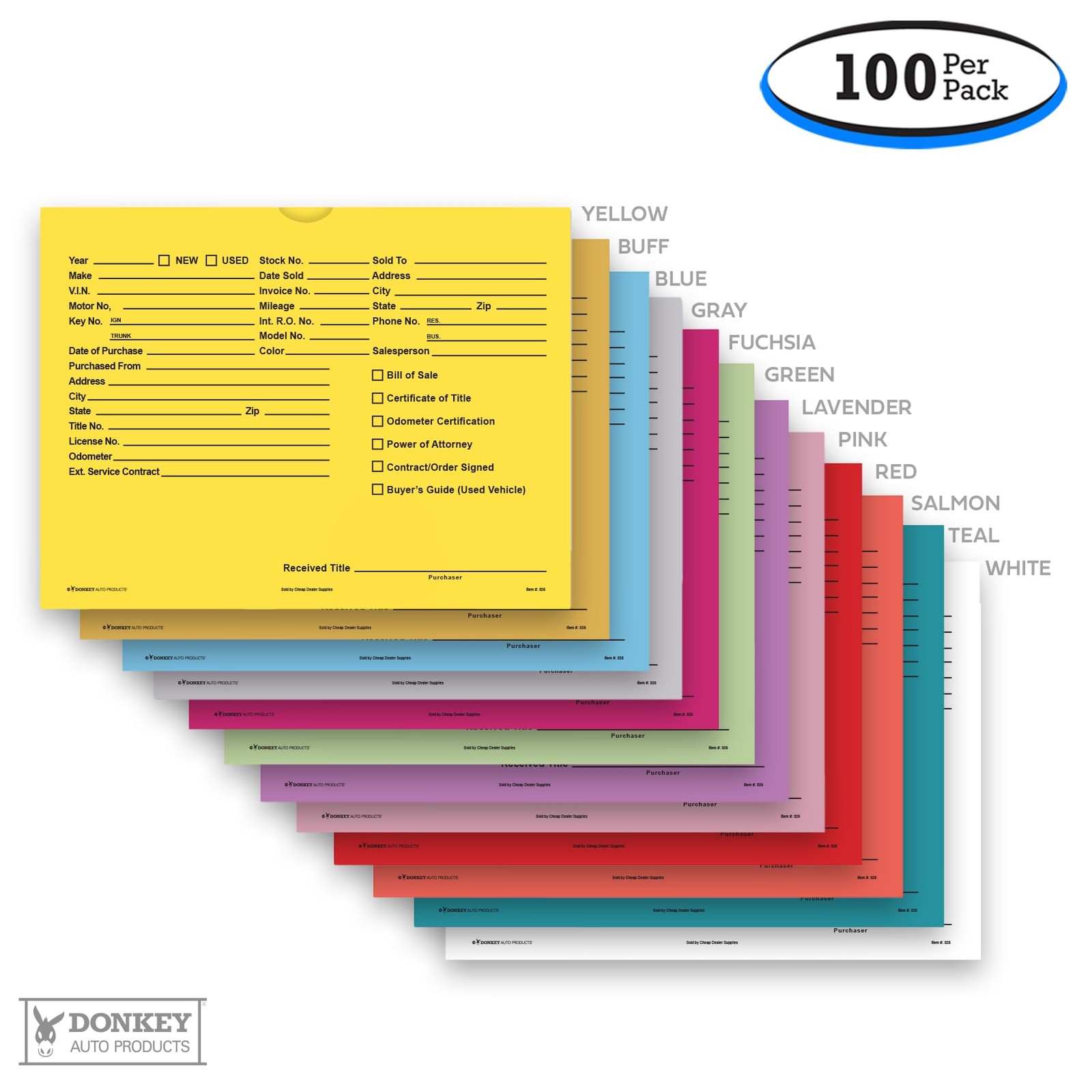 Printed Vehicle Deal Envelopes 9×12 Jackets (100 shrink One Size, Yellow